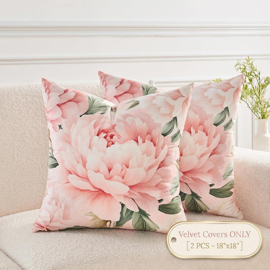 Pink Peony Floral Throw Pillow Covers 18x18 Set of 2, Soft Velvet Decorative Cushion Cases, Shabby Chic Farmhouse Home Decor for Sofa Couch Bed