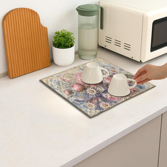 Vintage Peach Floral Dish Drying Mats for Kitchen Counter, Elegant Peony Absorbent Dish Drainer Rack Mat, Spring Garden Microfiber Drying Pad for Kitchen Counter Decor 16x18 Inch