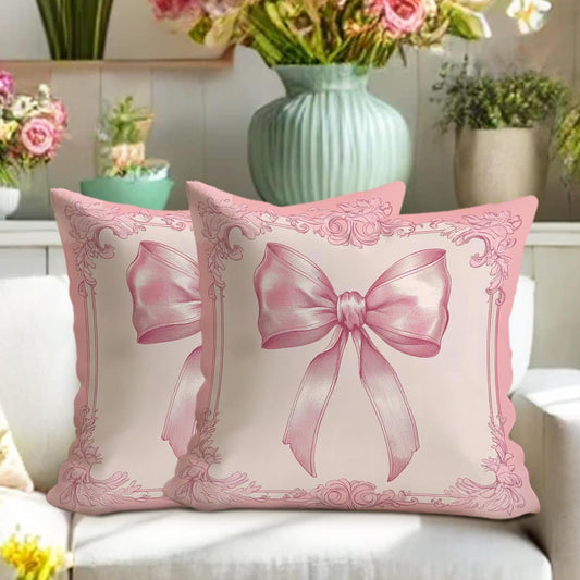 Elegant Peach Bow Pillow Covers Set of 2, Vintage Chic Decorative Throw Cushions, Soft Pastel Spring Home Decor for Sofa Bed Couch 16x16 Inch