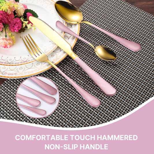 24 Pieces Flatware Set, Caliamary Stainless Steel Flatware Set with Silverware Holder Spoons Forks Knives,Utensils Set Service for 6,Gold Mirror Polished and Matte Pink Painted (Pink)…