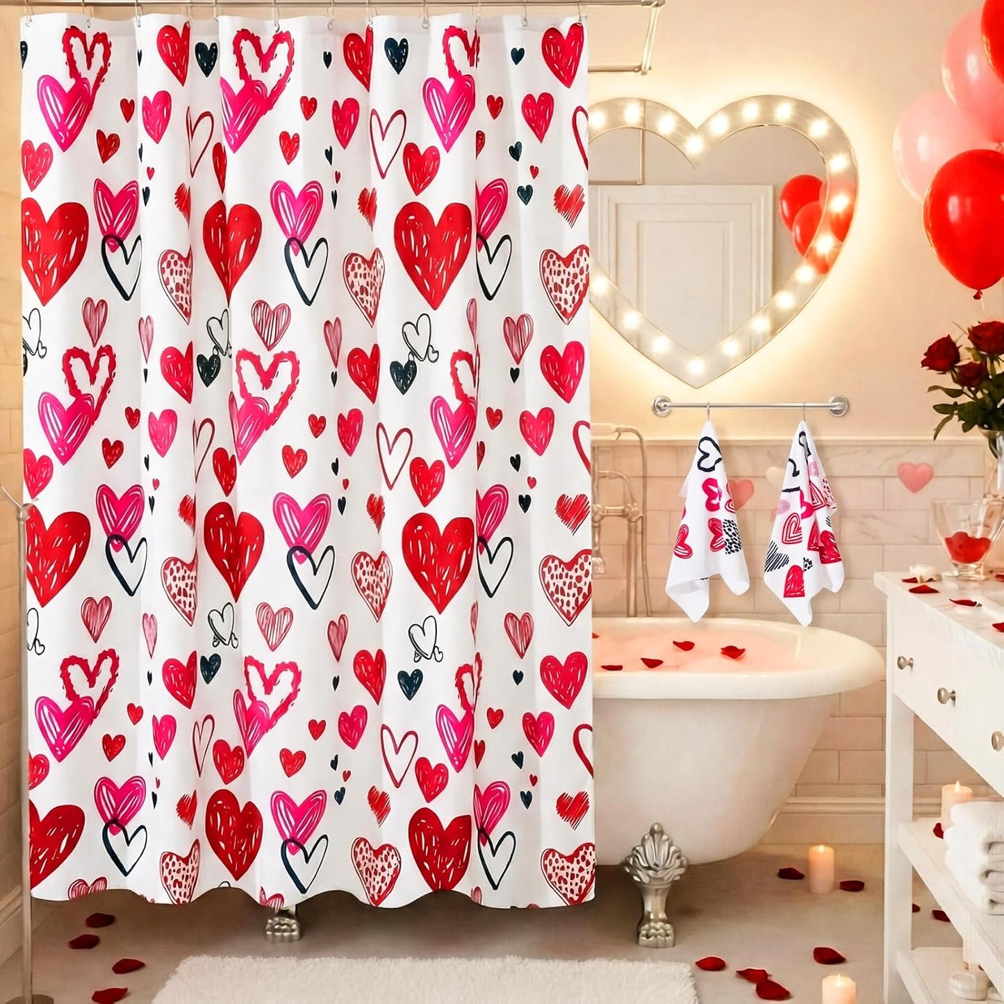Gilprop 6 Pcs Valentine's Day Shower Curtain Set Valentines Bathroom Decor with Toilet Lid Cover, U-shaped Mat, Bath Mat, 2 Towels, Red and Pink Valentines Shower Curtains with 12 Hooks for Home Decor
