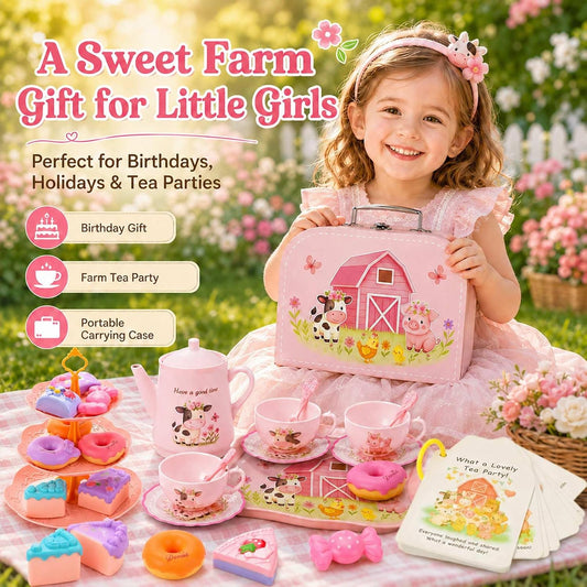 Lajeje Pink Barn Tea Party Set for Little Girls, 47PCS Farm Animal Pretend Play Tea Time Kit, Tea Sets for Toddlers 3-5 with Teapot & Story Cards, Carry Case Girls Birthday Gift, Easter Basket Stuffer