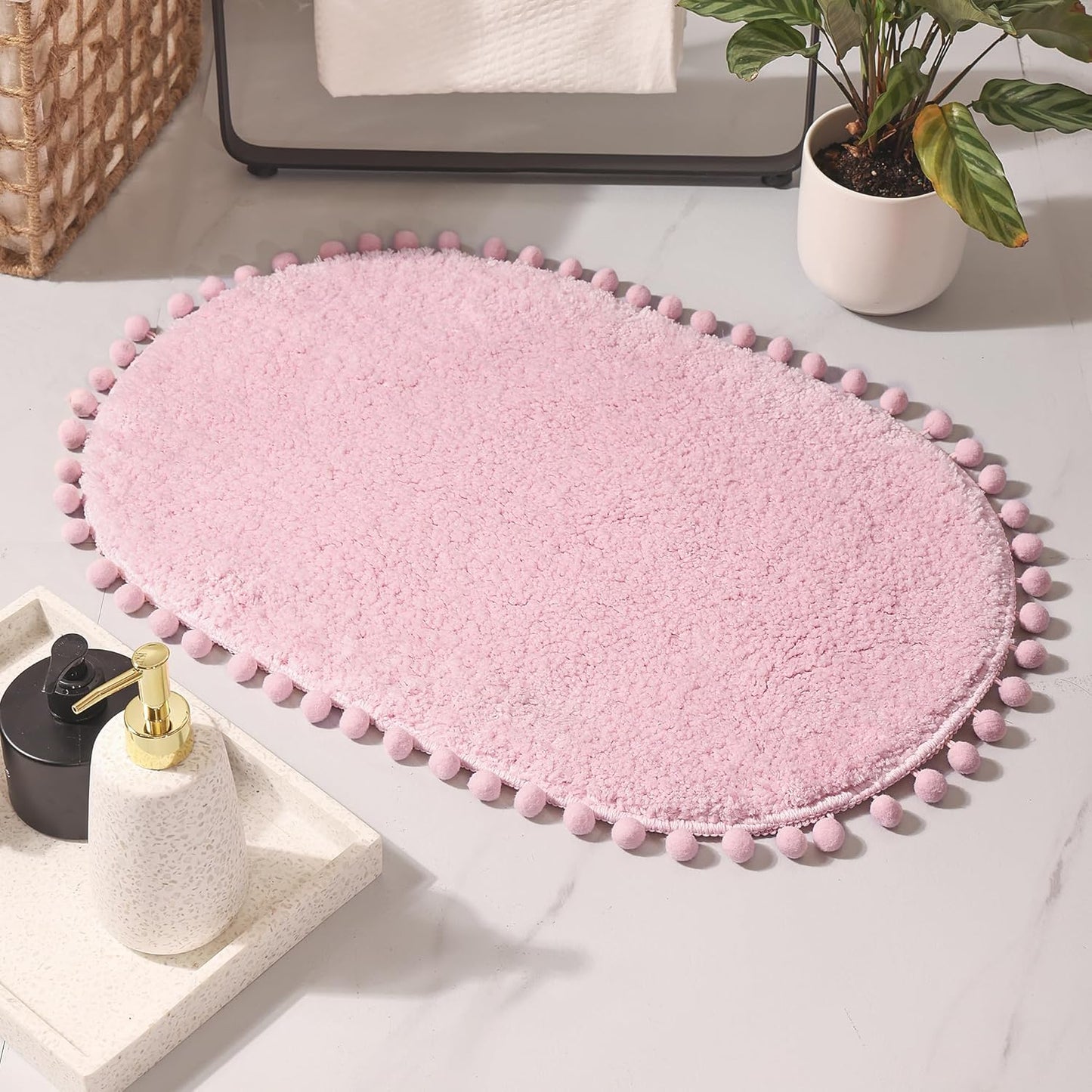 YIRDDEO Bath Mat Pink Rug with Pom Oval Bathroom Rugs for Bedroom Non Slip Cute Boho Absorbent Mats Soft Plush Washable Rug (20 x 30 inches)