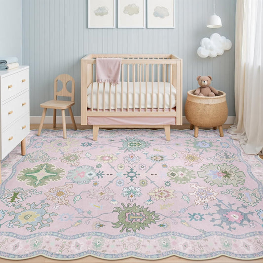 Oushak Pink Rugs for Bedroom Girls, 5x7 Washable Non Slip Area Rugs for Living Room, Scalloped Vintage Boho Floral Geometric Soft Carpet for Nursery Dorm Home Decor