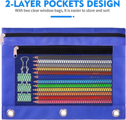 Pencil Pouch for 3 Ring Binder - 3 Pack Zippered Pencil Pouches with Transparent Mesh Window| Binder Pouch with Smooth Zippers| Zippered Pencil Bag for School Office Students, Pink+Orange+Purple
