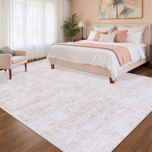 9x12 Area Rug for Living Room:Large Nursery Rug for Baby Girl Washable Vintage Rug with Non Slip Backing Indoor Floor Non Shedding Floral Low Pile Thin Carpets for Bedroom Dining Room Home Office Pink
