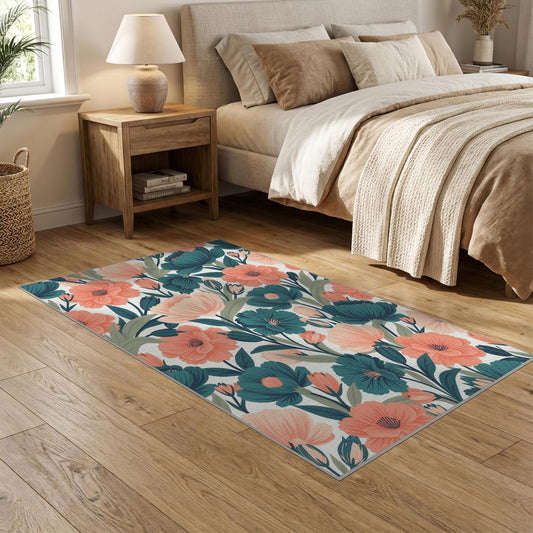 5'x7' Washable Flatwoven Rug, Peach Contemporary Botanical Stain Resistant Area Rug Non-Slip Low Profile Floor Covering for Guest Room, Lounge, Apartment | Ref:2157510
