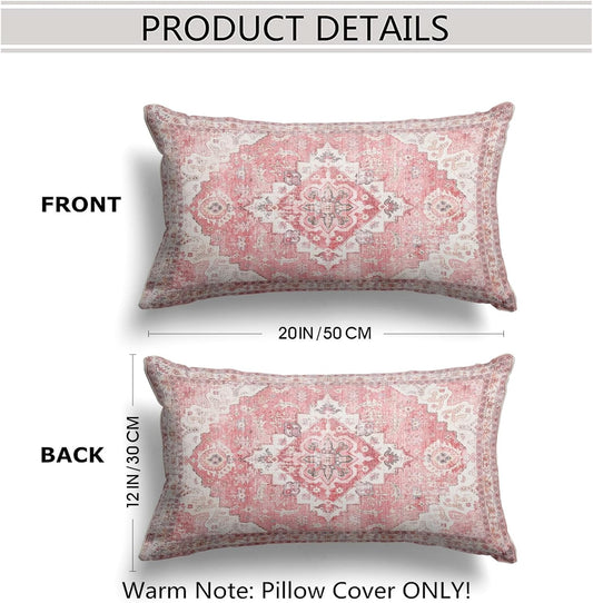 Snycler Pink Boho Throw Pillow Covers Set of 2 Monaco Rug Carpet Double Sided Pattern Cotton Soft Pillow Case Cushion Cover Pillowcase for Garden Couch Sofa Bed Decorative 12x20 inch