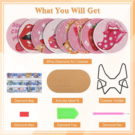 GHHKUD 8 Pcs Pink Vintage Diamond Art Coasters with Holder Cork Pad, DIY Diamond Painting Coasters Pink Boho Kits for Adults Kids, Table Decoration Gifts for Home