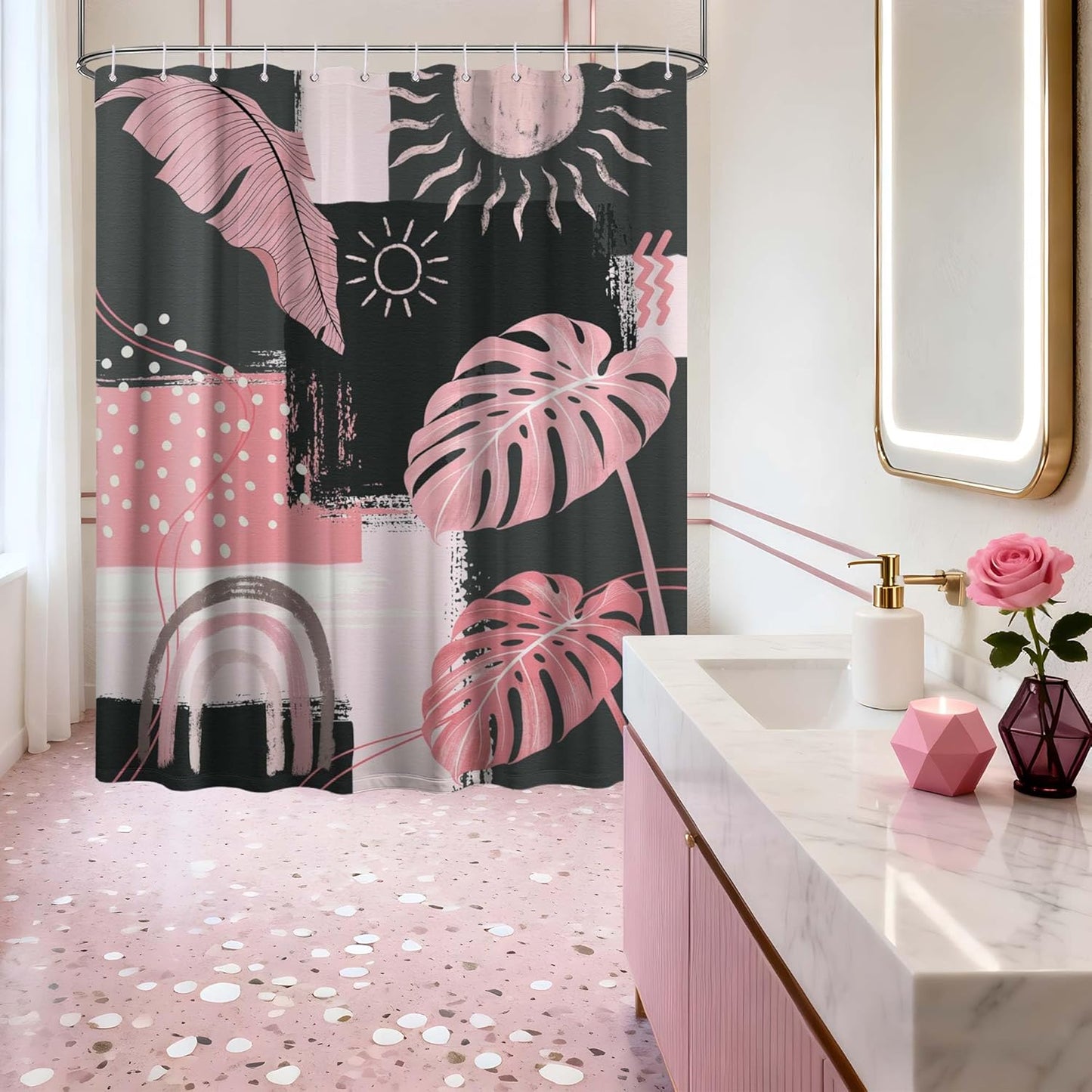 Pink and Gray Mid Century Modern Shower Curtain Bohemian Abstract Light Pink and Grey Shower Curtains for Bathroom Decor Sets, Waterproof Cloth Fabric with Hooks, 70x72 Inch