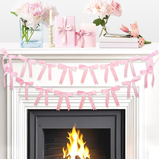2pcs Pink Bow Garland Banner, Satin Ribbon Decorations for Coquette Theme Birthday and Bridal Shower Party Decor (Bow)