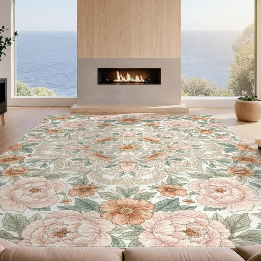 Design&I 8'x10' Easy Clean Traditional Botanical Massive Rug, Peach for King Size Bedroom, Master Suite, Under Bed, Sleek Flatweave Pet Friendly Built-in Grip Mat | 2117940