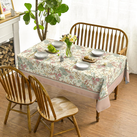 Horaldaily Floral Rectangular Tablecloth 60x84 Inch, Pink Birds Elegant Vintage Washable Seasonal Table Cover for Party Picnic Dinner Decor