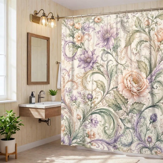 Peony Shower Curtain, Floral Elegant Rose Leaf Spring Pastel Peach Waterproof Fabric Bathtub Cloth Curtains for Bathroom Toile Guest Room Decor 72x78 Inch