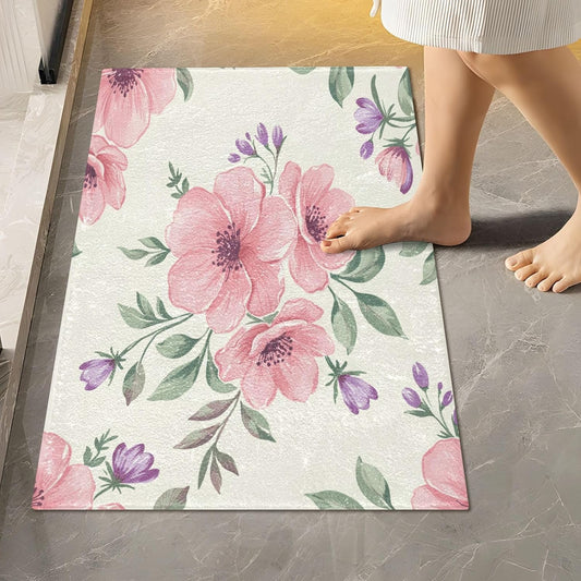 Pink Flowers Bathroom Mat Rug 24" x 16" Non Slip Super Absorbent Quick Dry Bath Mats for Bathtub Fluffy Rugs