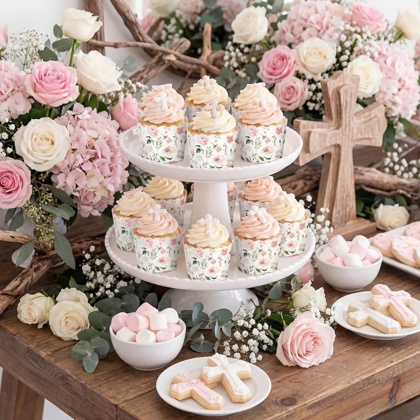 Qinyoung 150 Pcs Pink Floral Cupcake Wrappers Liners Rose Paper Baking Cups Greaseproof Disposable Scalloped Flower Cupcake Muffin Cases for Spring Summer Wedding Baby Shower Birthday Tea Party Decor