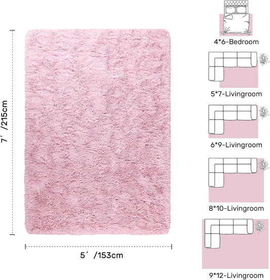5x7 ft Pink Rugs for Living Room Fluffy Bedroom Rug Non-Slip Area Rugs Shag Carpet for Nursery Kids PlayRoom Dorm Office Indoor Thick Modern Plush Carpets Girls
