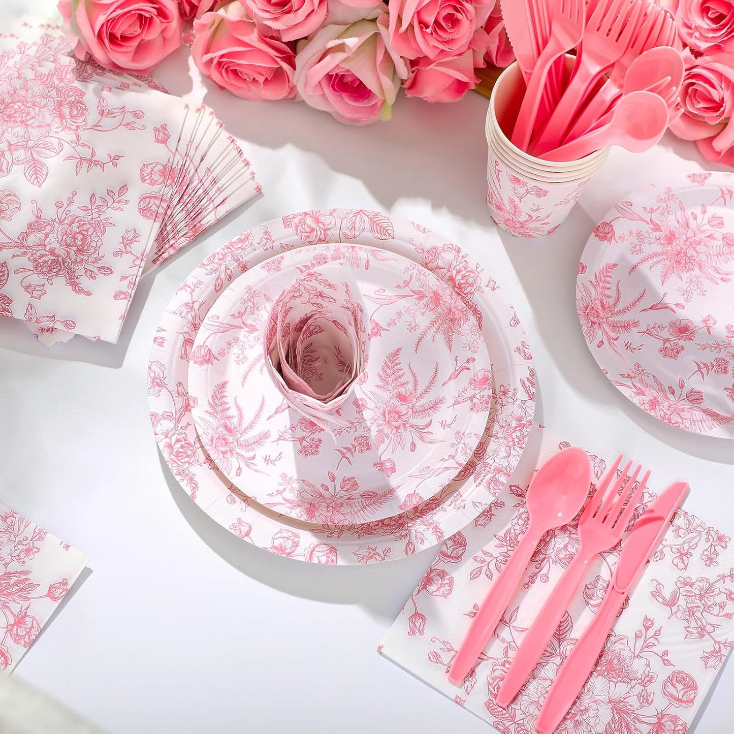 Yungyan 218 Pcs Pink Floral Plates and Napkins Pink and White Party Tableware Set Disposable Wildflower Paper Plates and Napkins Cups Tea Party Supplies for Wedding Bridal Shower Birthday Baby Shower