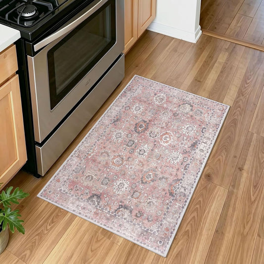 Lansny Vintage Small Area Rug 2x3, Washable Entryway Rug Print Faux Wool Floral Indoor Door Mat, Non Slip Kitchen Rugs, Soft Thin Throw Rugs Floor Carpet for Front Door Entry Bedroom Sink, Blush Pink