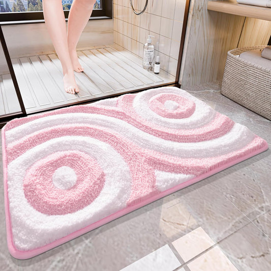 QJHOMO Pink and White Cute Bathroom Rugs Non Slip Bath Mat Modern Aesthetic Bathroom Decor, Geometric Striped Bath Rug Fluffy Floor Mats, Thick Microfiber Carpet Machine Washable (18x26 inch)