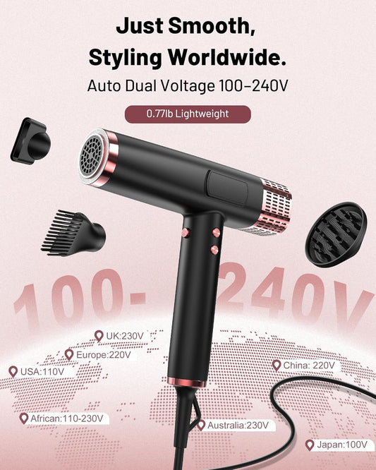 MESCOMB Dual Voltage Ionic Hair Dryer with Diffuser - 1875W High-Speed Blow Dryer for Women, Fast Drying, No Heat Damage, Low Noise, Lightweight, European Travel 110V-120V/220V-240V, Pink