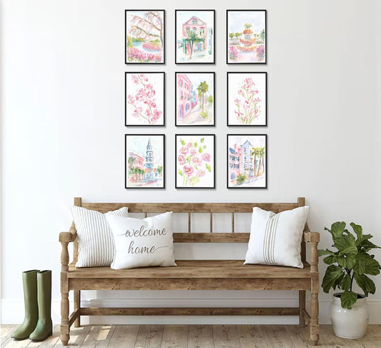 Charleston South Carolina Wall Art Pastel Pink Watercolor Eclectic Flower Painting Pictures Wall Decor Coquette Church Posters Prints for Bedroom Living Room Girls Room Scenario Home Decoration