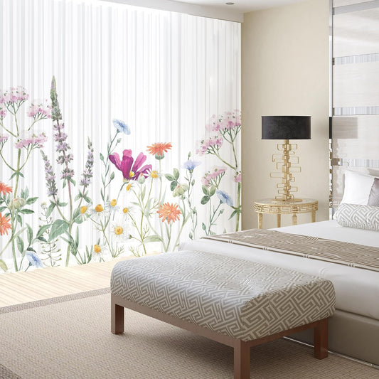 Floral Sheer Curtains for Living Room 84 inch Length 2 Panels Set Elegant Pink Purple Flower Printed Window Curtain Chiffon Drapes for Bedroom