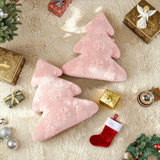 Lanpn Christmas Tree Pillows Set of 2, Snowflake & Tree Christmas Decoration Winter Soft Cute 3D Shaped Xmas Tree Throw Cushion for Sofa Bedroom Xmas Decor (18x16 inch, Pink)