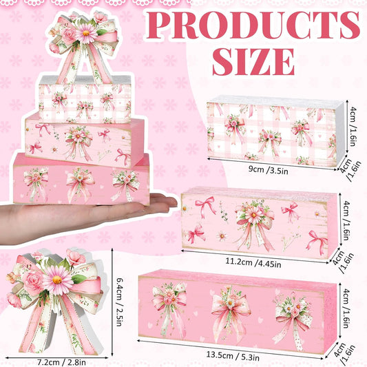 4 Pcs Pink Flower Bow Table Decorations Pink Flower Table Centerpiece Proposal Wedding Wooden Sign Tiered Tray Spring Decor Books Stack Signs Block for Wedding Home Office Decorations Shelf
