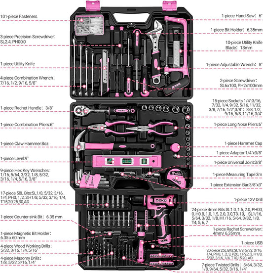 Pink Tool Kit Box Drill Set:DEKOPRO Home Mechanic Toolbox with 12V Power Cordless Drill Hand Repair Tools Sets Combo Kits Storage Organizer Drawer Case for Men & Women
