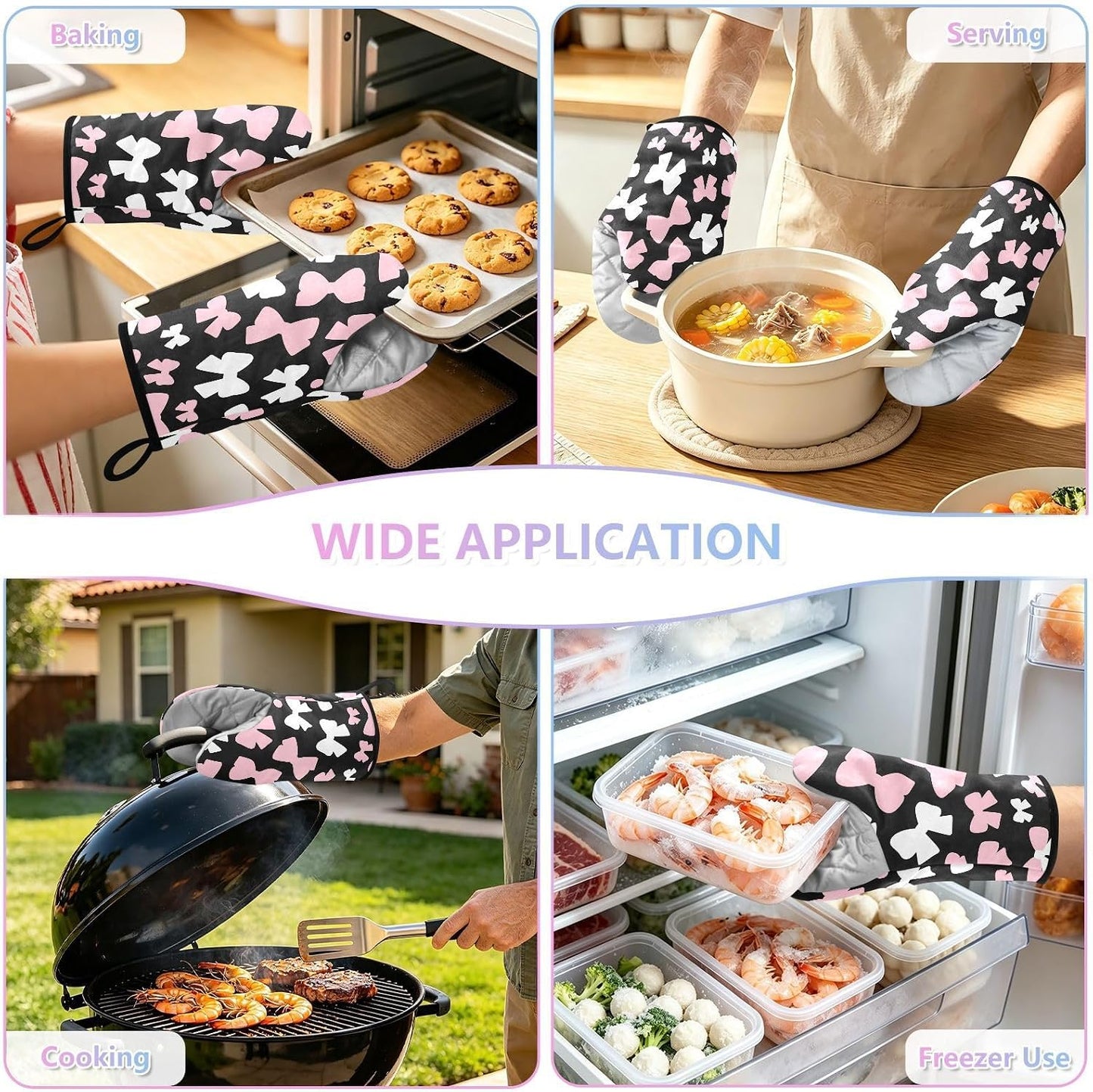 Oven Mitt 2 Pack Set Pink and White Bow Kitchen Mitts Gloves for for Cooking Baking Grilling