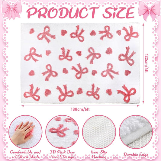 Drydiet 3D Large Bow Area Rug 4 x 6 ft Valentines Pink Heart Bedroom Rug Non-Slip Coquette Carpet for Bedroom Washable Welcome Mat Soft Indoor Decor for Women Aesthetic Living Room Office Home Decor