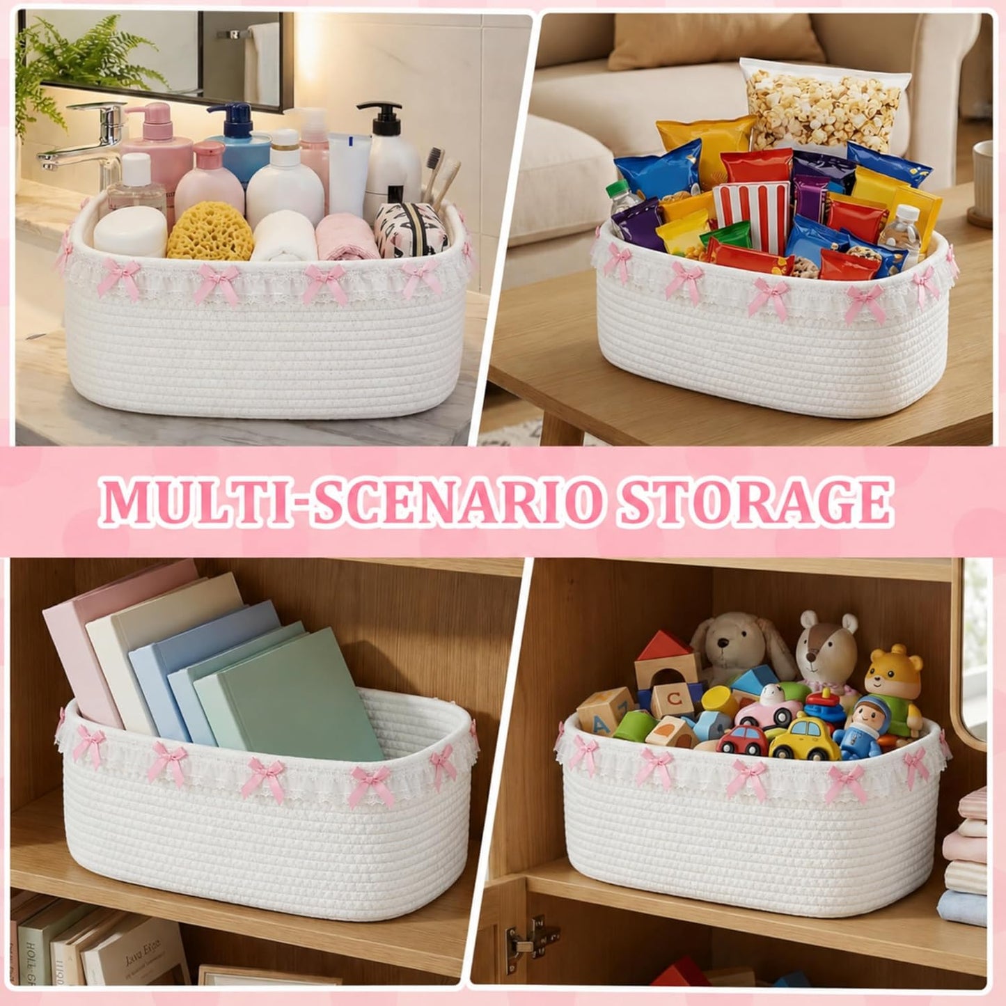 Cute Basket for Gifts Empty, 12"x 8"x 5" Coquette Woven Rope Gift Baskets White Lace Rectangle Shelf Organizer Storage Bins for Nursery, Baby Shower, Toy Organizing