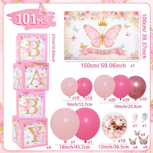Pink Butterfly Baby Shower Decorations for Girl Pink Balloon Arch Kit Baby Boxes and Backdrop Kit for Baby Shower Decorations Butterfly Theme Birthday Party Decor