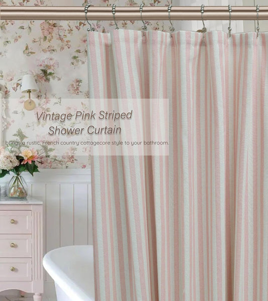 Vintage Pink Striped Fabric Shower Curtain for Bathroom, Rustic Farmhouse Cotton Blend Cloth Shower Curtain, Boho French Country Cottagecore Style, Non-Waterproof Decorative Curtain, 72x72 Inches