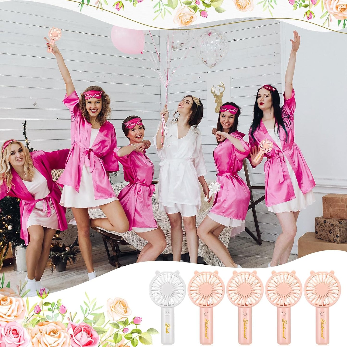 Glooglitter 8 Pcs Bachelorette Party Handheld Fan Bulk 1 White Bride USB Personal Hand Held Fan and 7 Pink Bridesmaids Small Eyelash Fan for Wedding Party Bachelorette Party