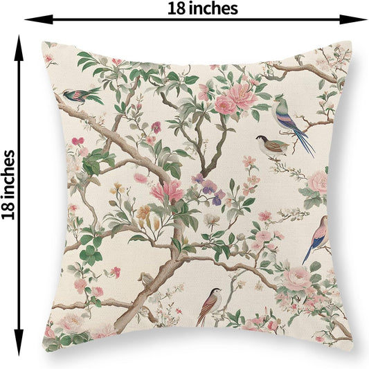 Chinoiserie Pillow Covers 18x18 Set of 2 Pink Green Floral Bird Pillow Cases Vintage Flower Seasonal Outdoor Throw Pillows Linen Farmhouse Chinoiserie Decorative Cushion Case for Couch Hone