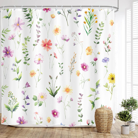 Glawry Pink Floral Shower Curtain 72Wx72L Inches Cute Wildflower Flower Summer Shower Curtains for Bathroom, Watercolor Botanical Nature Girl Shower Curtain Set Waterproof Fabric 12 Hooks