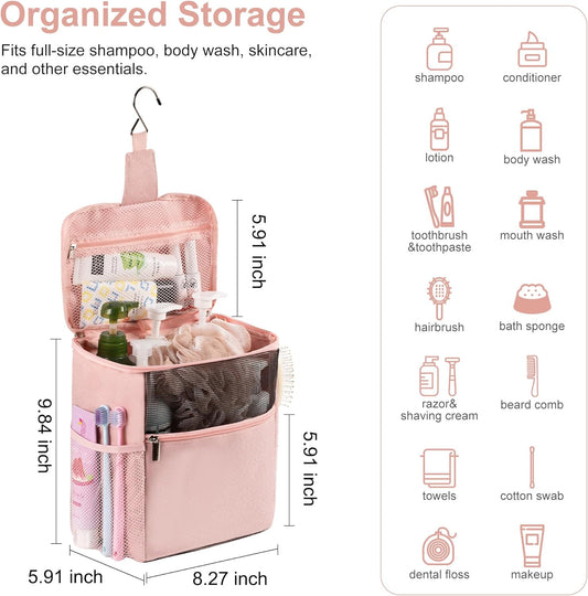 Mesh Shower Caddy Hanging Portable, Bathroom Caddy Organizer for College Dorm Essentials, Shower Tote Bag with Built-in Hook for Beach, Swimming, Gym camping (Pink)