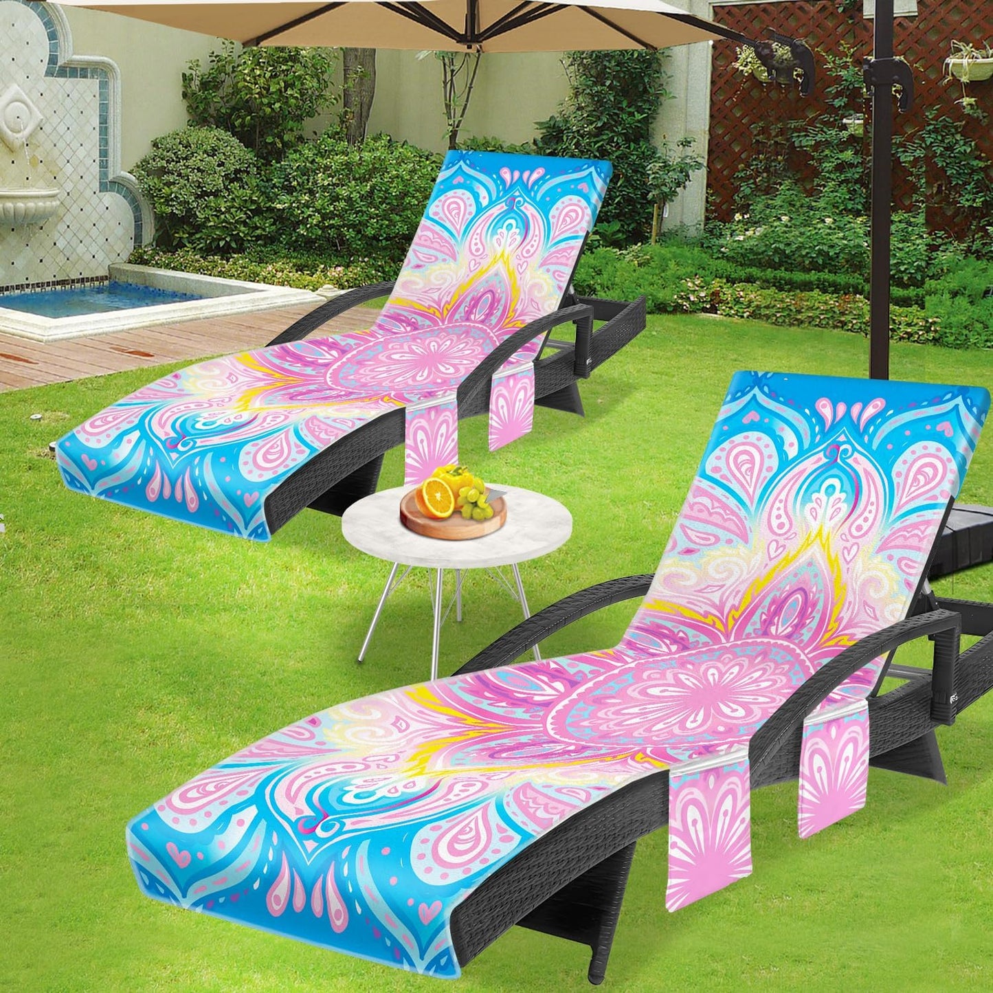 Lounge Chair Towel Cover, Chaise Lounge Cover (Pack of 2), Beach Chair Covers with 3 Pockets for Trips Beach Pool Garden Sunbathing Courtyard, 85 x30 in, Mandala Style Pink Blue