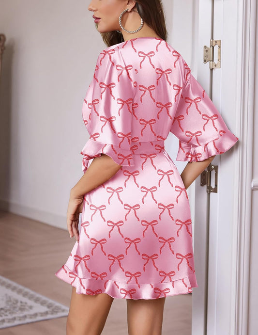 Ekouaer Silk Robes for Women Short Lightweight Bathrobe Ruffled Satin Kimono Robes Sexy Bride Bridesmaid Sleepwear