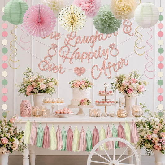 Bridal Shower Decorations,Sage Green Pink Bridal Shower Decorations Includes Love Laughter Happily Ever After Decorations Paper Flower Ball Wedding Decorations for Home Party Bachelorette Party