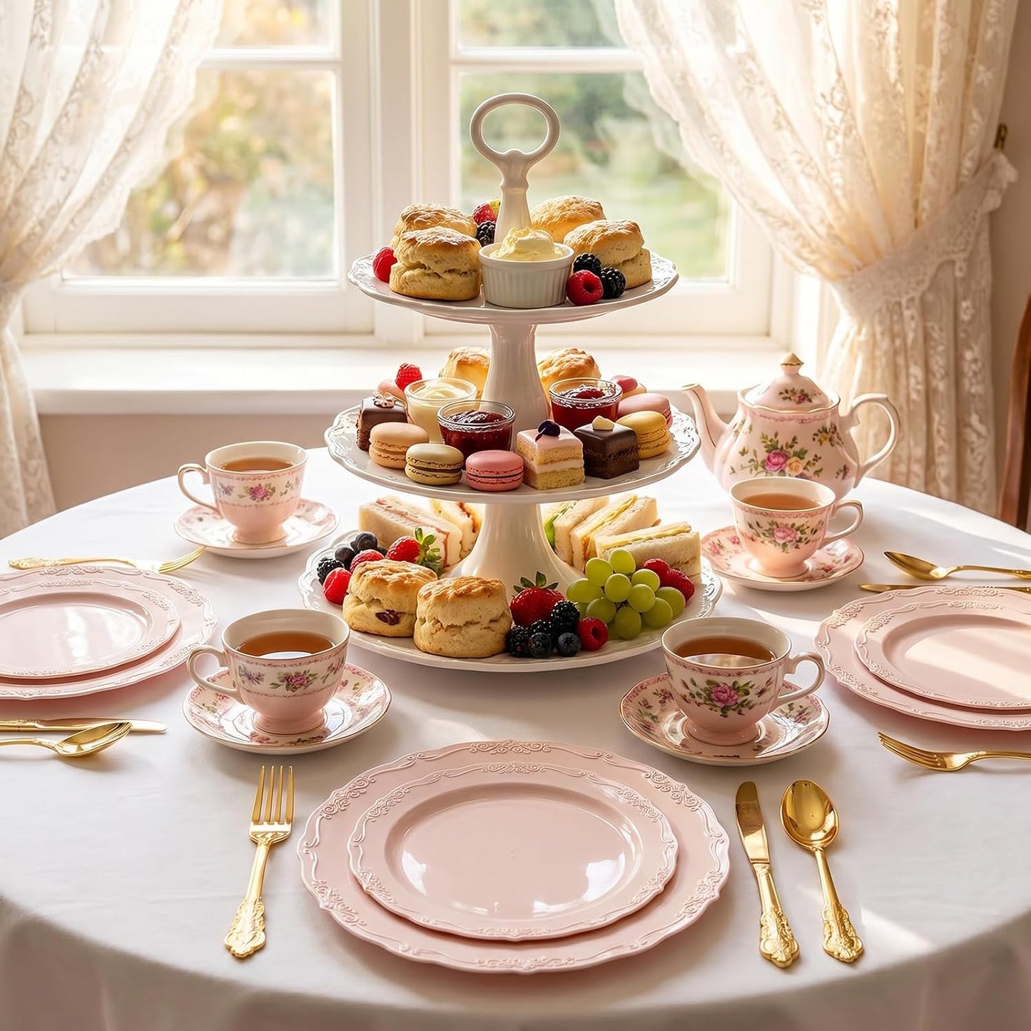 DaYammi 150Pcs Pink Plastic Plates & Gold Plastic Silverware,Pink Disposable Plates for Party Include 30 Dinner Plate,30 Dessert Plate,30 Gold Forks and 30 Spoons, 30 Knives for Wedding Bridal Shower