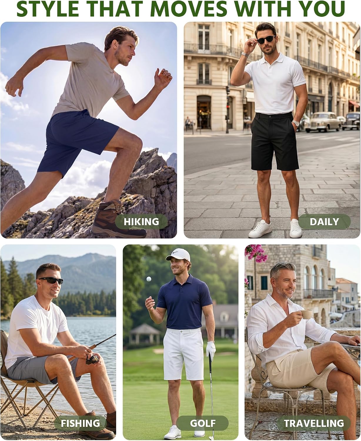 Wulcea Men's Golf Shorts 9" Chino Stretch Fabric Elastic Waist Quick Dry Water Resistant Casual Dress Work with Phone Pocket