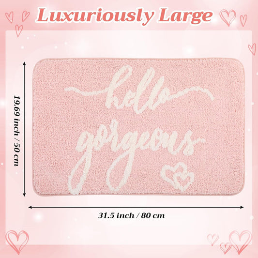 Tinideya Hello Gorgeous Bath Mat 32 x 20 Inches Light Pink Bathroom Rug with Letters Bathroom Decor Birthday Gift for Women Girls Housewarming Present