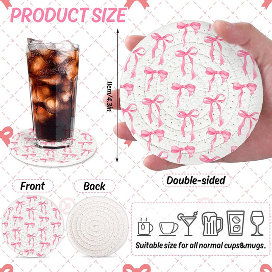 Whaline Pink Bow Coasters Handmade Braided Cotton Coasters Round Absorbent Bowknot Coquette Drink Mats for Mother's Day Valentine Birthday Wedding Baby Shower Party Home Office Table Decor, Set of 4