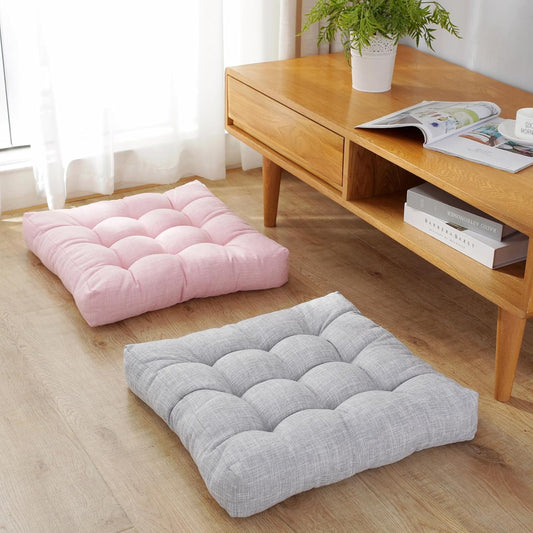 18x18x4 Inch Tufted Seat Cushion Cotton Linen Seat Cushions Non-Slip Chair Pad for Dining Room Kitchen Office Chairs (Pink,18"x18")