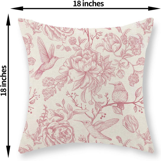 Pink Pillow Covers 18x18 Inch Set of 2 Pink Chinoiserie Bird Floral Throw Pillows Vintage Hummingbird Flower Decorative Pillow Cases Farmhouse Linen Outdoor Decor Cushion Cover for Couch Sofa