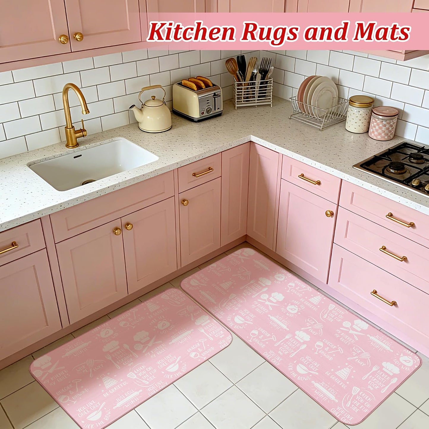 10 Pcs Pink Kitchen Dish Towels Pot Holders Oven Mitts Glove Rustic Rugs Mat Set Cute Farmhouse Kitchen Decor Accessories for Cooking Baking Home Decor Spring Housewarming Mom Gift BBQ