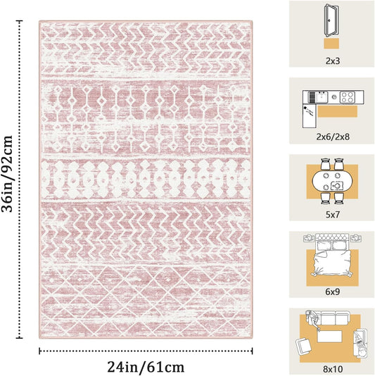 2x3 Machine Washable Area Rug for Entryway, Pink Vintage Moroccan Rug Non-Slip Low Pile Soft Faux Wool Small Carpet, Kids and Pets Friendly for Bedroom Kitchen Hallway Home Decor Rug